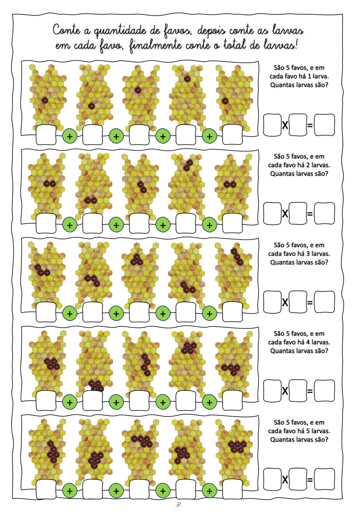 Página do guia com representação visual de multiplicações
